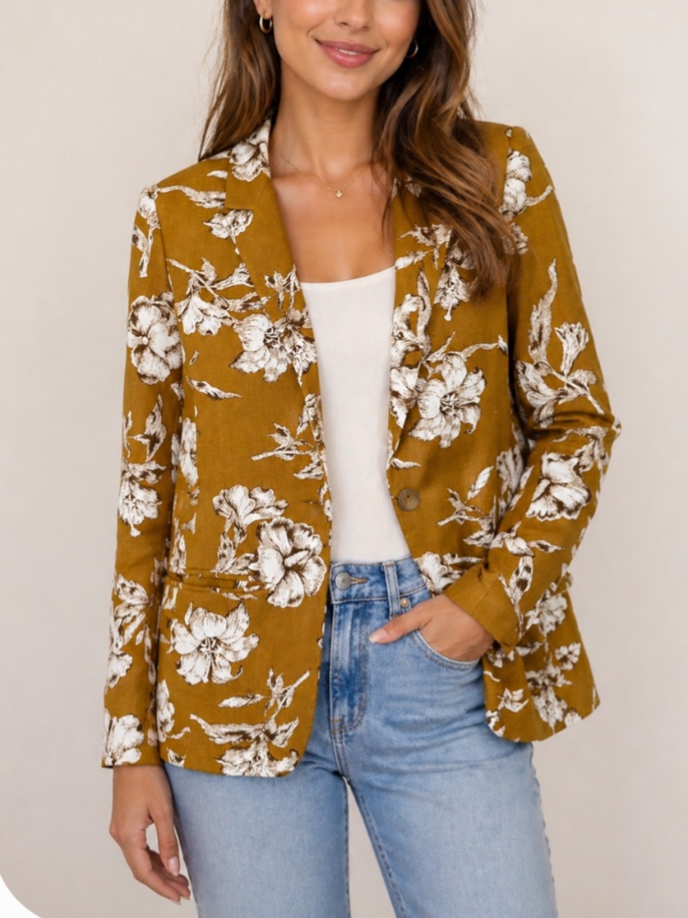 Zara Linen Blend Mustard Floral Blazer